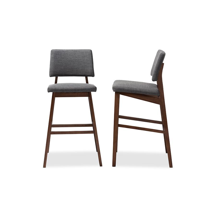 Baxton Studio Colton Mid-Century Modern Dark Gray Fabric Upholstered and Walnut-Finished Wood Bar Stool Set. Picture 4