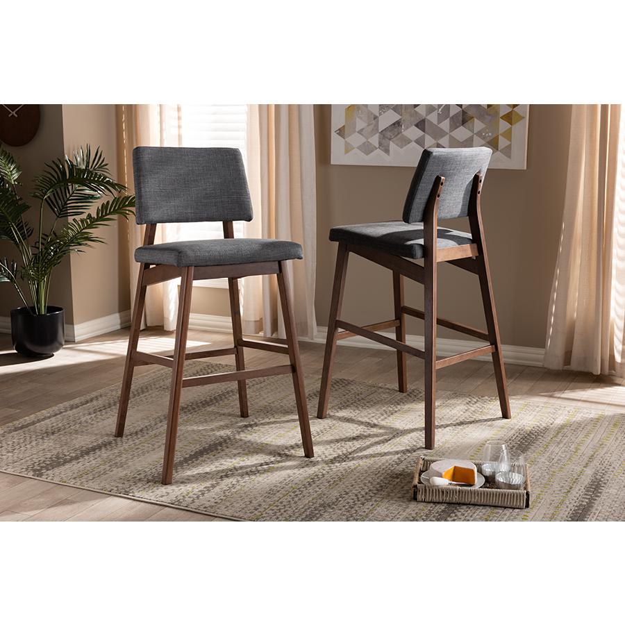 Baxton Studio Colton Mid-Century Modern Dark Gray Fabric Upholstered and Walnut-Finished Wood Bar Stool Set. Picture 1