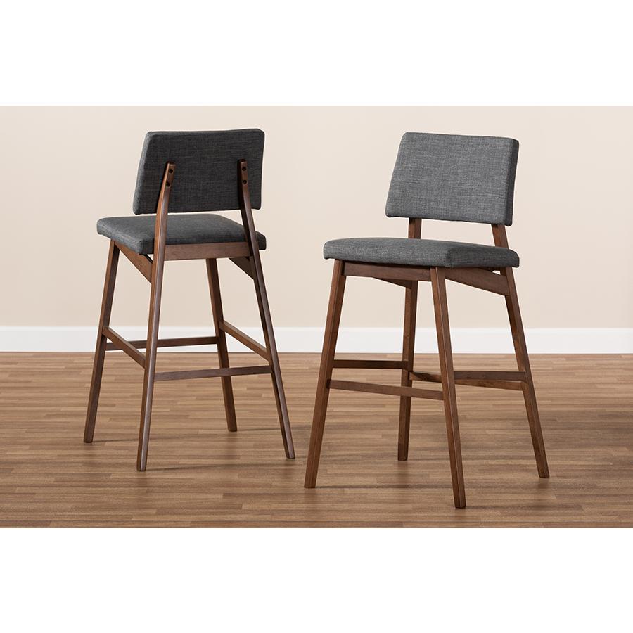 Dark Gray Fabric Upholstered and Walnut-Finished Wood Bar Stool Set of 2. Picture 6