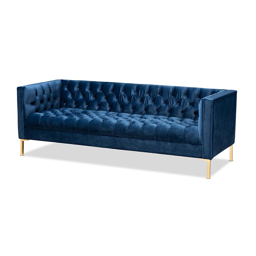 Baxton Studio Zanetta Glam and Luxe Navy Velvet Upholstered Gold Finished Sofa. Picture 2
