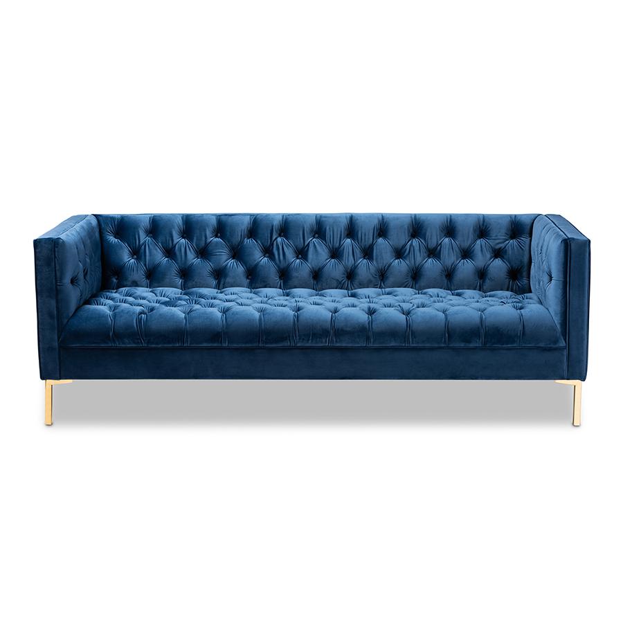 Baxton Studio Zanetta Glam and Luxe Navy Velvet Upholstered Gold Finished Sofa. Picture 3