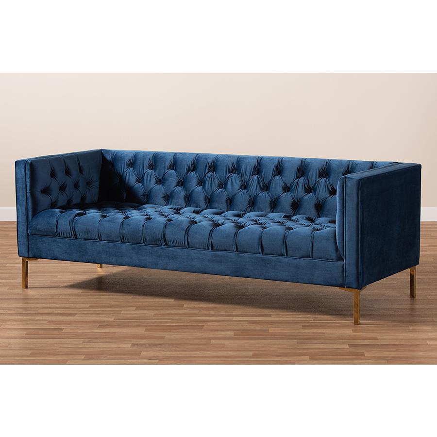 Baxton Studio Zanetta Glam and Luxe Navy Velvet Upholstered Gold Finished Sofa. Picture 9