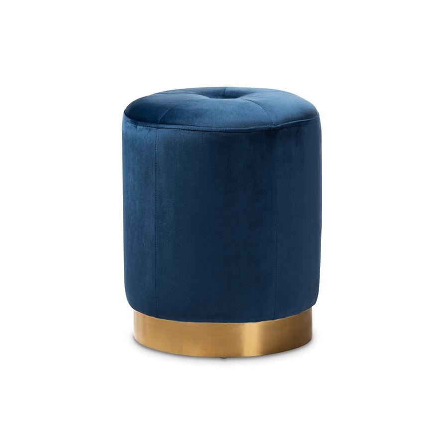 Alonza Glam Navy Blue Velvet Fabric Upholstered Gold-Finished Ottoman. Picture 1