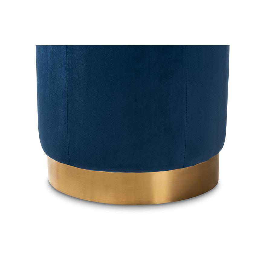 Alonza Glam Navy Blue Velvet Fabric Upholstered Gold-Finished Ottoman. Picture 2