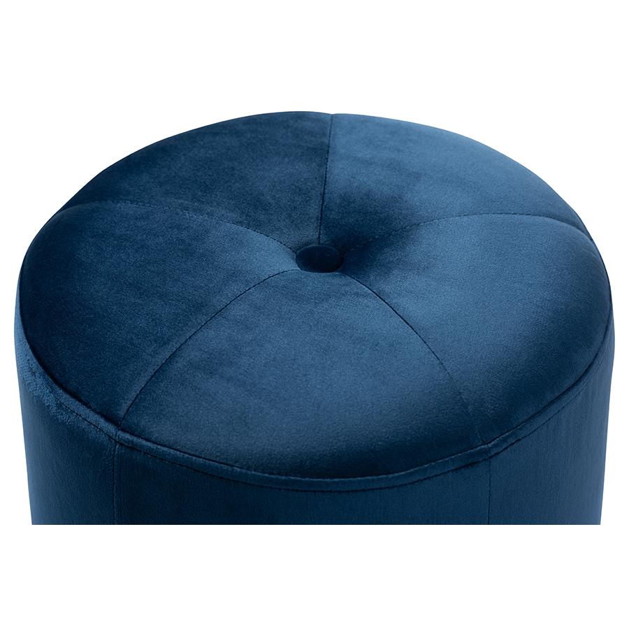 Alonza Glam Navy Blue Velvet Fabric Upholstered Gold-Finished Ottoman. Picture 3