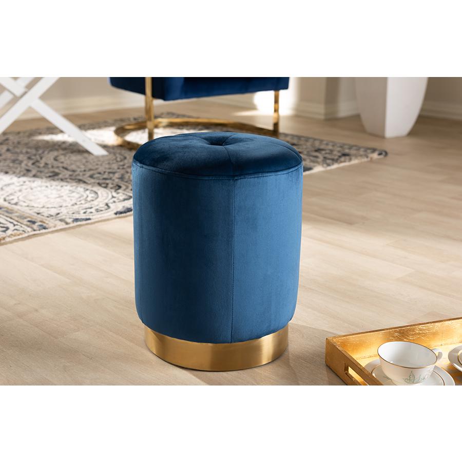 Alonza Glam Navy Blue Velvet Fabric Upholstered Gold-Finished Ottoman. Picture 4