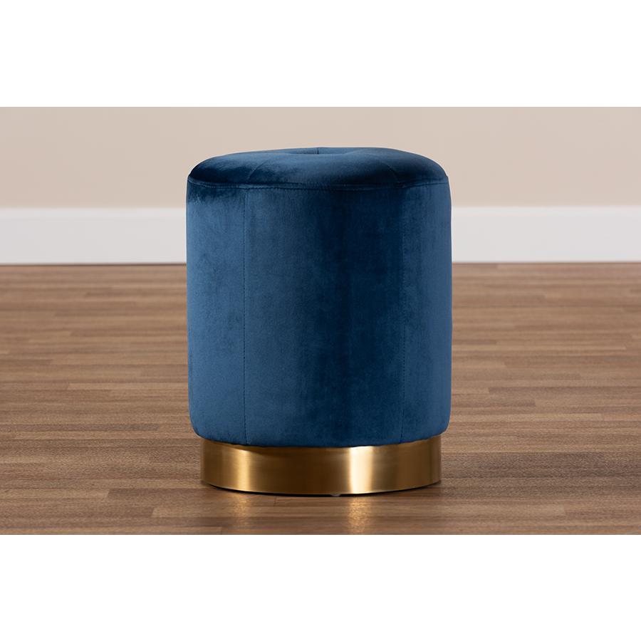 Alonza Glam Navy Blue Velvet Fabric Upholstered Gold-Finished Ottoman. Picture 5