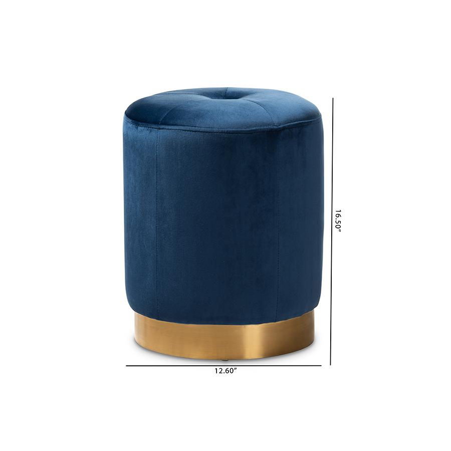 Alonza Glam Navy Blue Velvet Fabric Upholstered Gold-Finished Ottoman. Picture 6