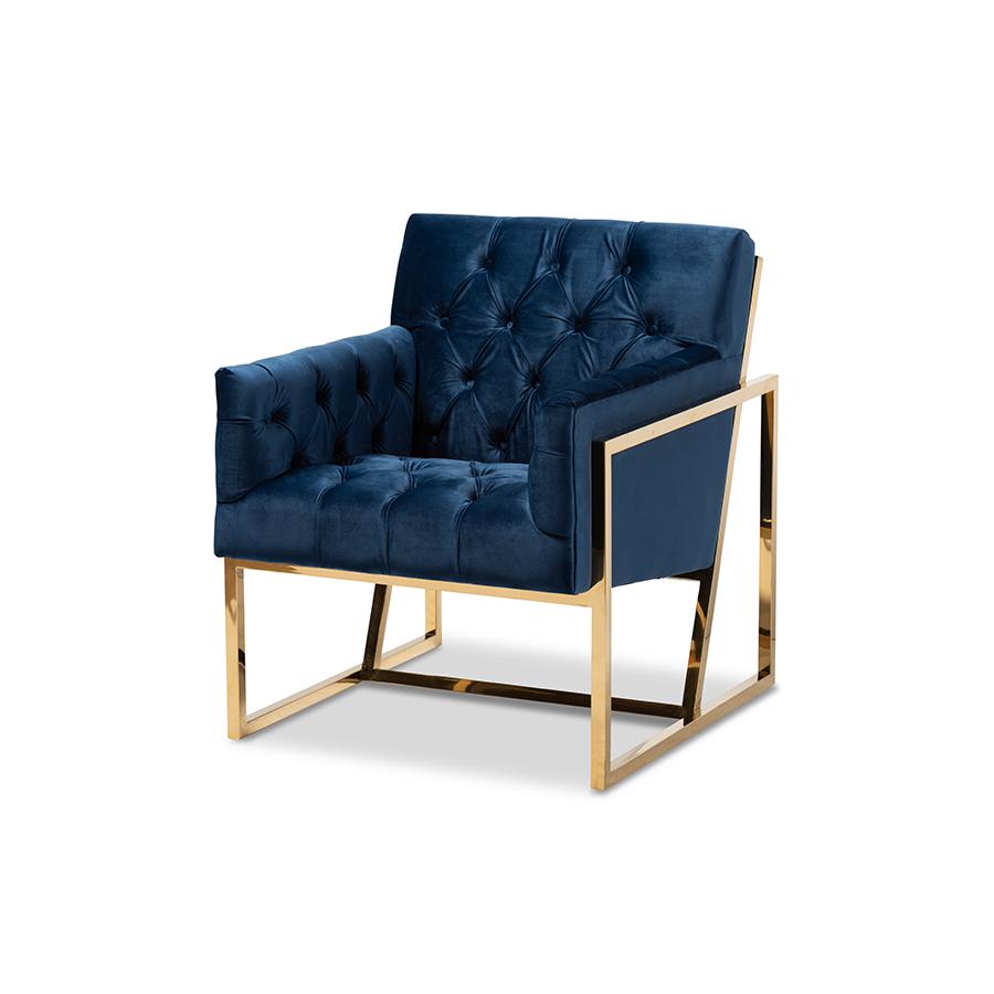 Baxton Studio Milano Modern and Contemporary Navy Velvet Fabric Upholstered Gold Finished Lounge Chair. Picture 2