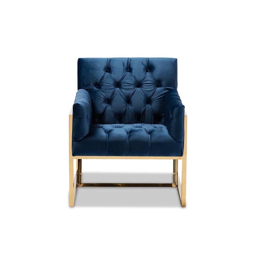 Baxton Studio Milano Modern and Contemporary Navy Velvet Fabric Upholstered Gold Finished Lounge Chair. Picture 3