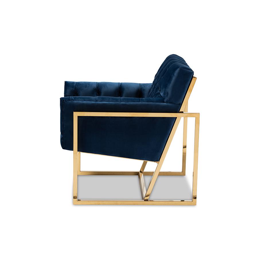 Baxton Studio Milano Modern and Contemporary Navy Velvet Fabric Upholstered Gold Finished Lounge Chair. Picture 4