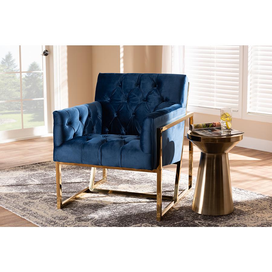Baxton Studio Milano Modern and Contemporary Navy Velvet Fabric Upholstered Gold Finished Lounge Chair. The main picture.