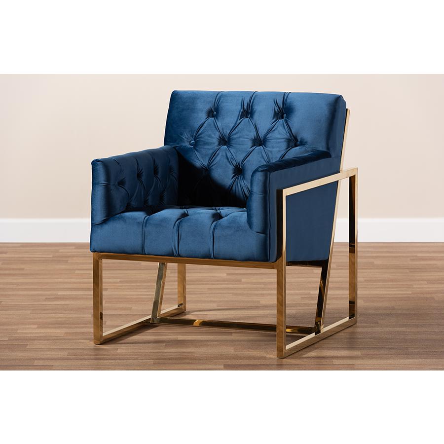 Baxton Studio Milano Modern and Contemporary Navy Velvet Fabric Upholstered Gold Finished Lounge Chair. Picture 8