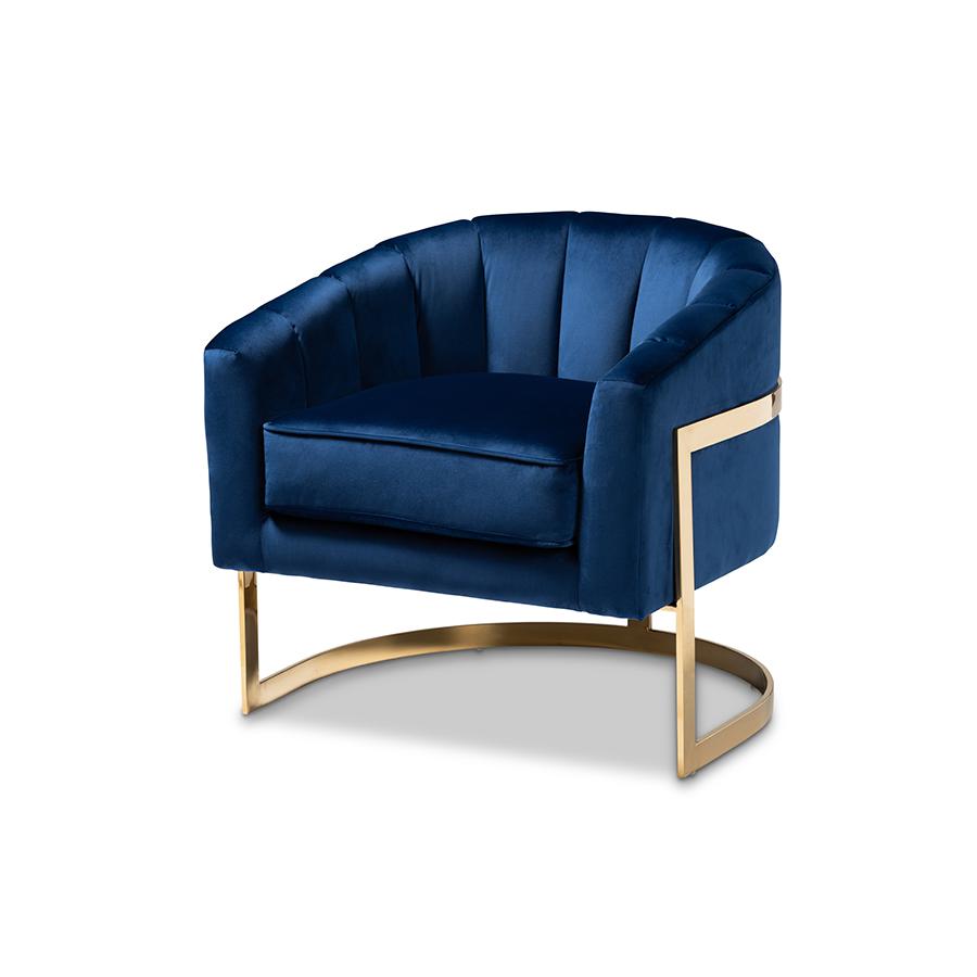 Tomasso Glam Royal Blue Velvet Fabric Upholstered Gold-Finished Lounge Chair. Picture 1