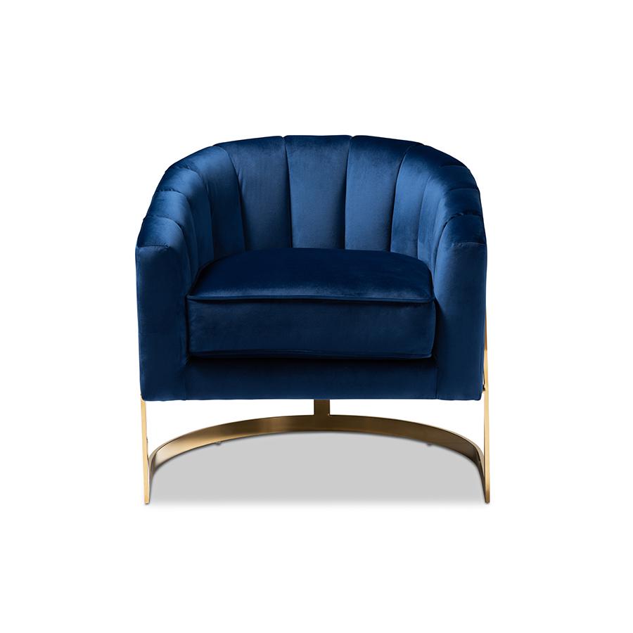 Tomasso Glam Royal Blue Velvet Fabric Upholstered Gold-Finished Lounge Chair. Picture 2