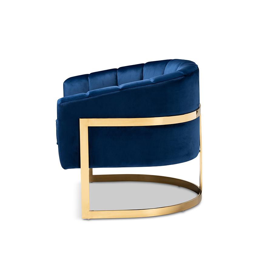 Tomasso Glam Royal Blue Velvet Fabric Upholstered Gold-Finished Lounge Chair. Picture 3