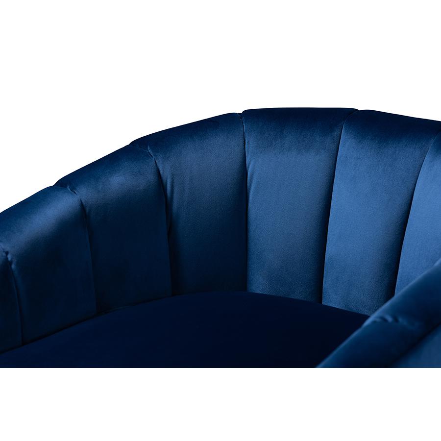 Tomasso Glam Royal Blue Velvet Fabric Upholstered Gold-Finished Lounge Chair. Picture 5