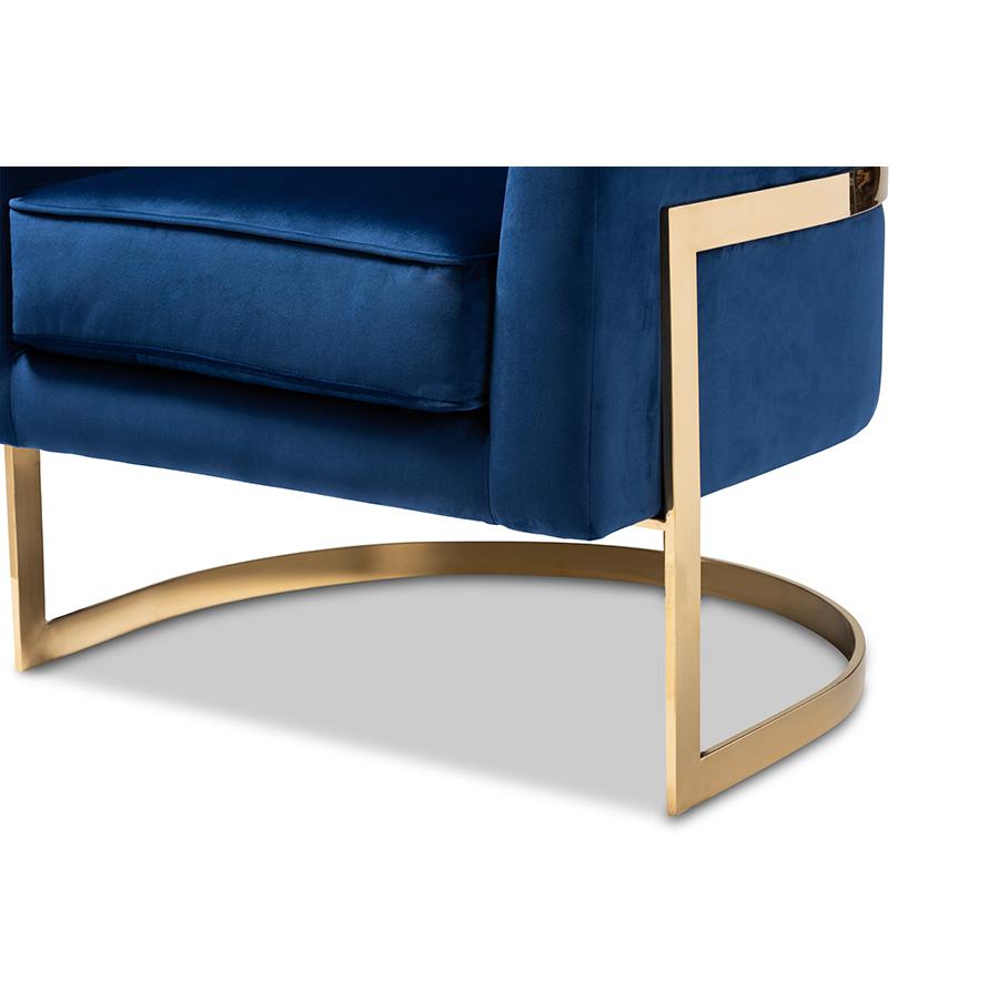 Baxton Studio Tomasso Glam Royal Blue Velvet Fabric Upholstered Gold-Finished Lounge Chair. Picture 7