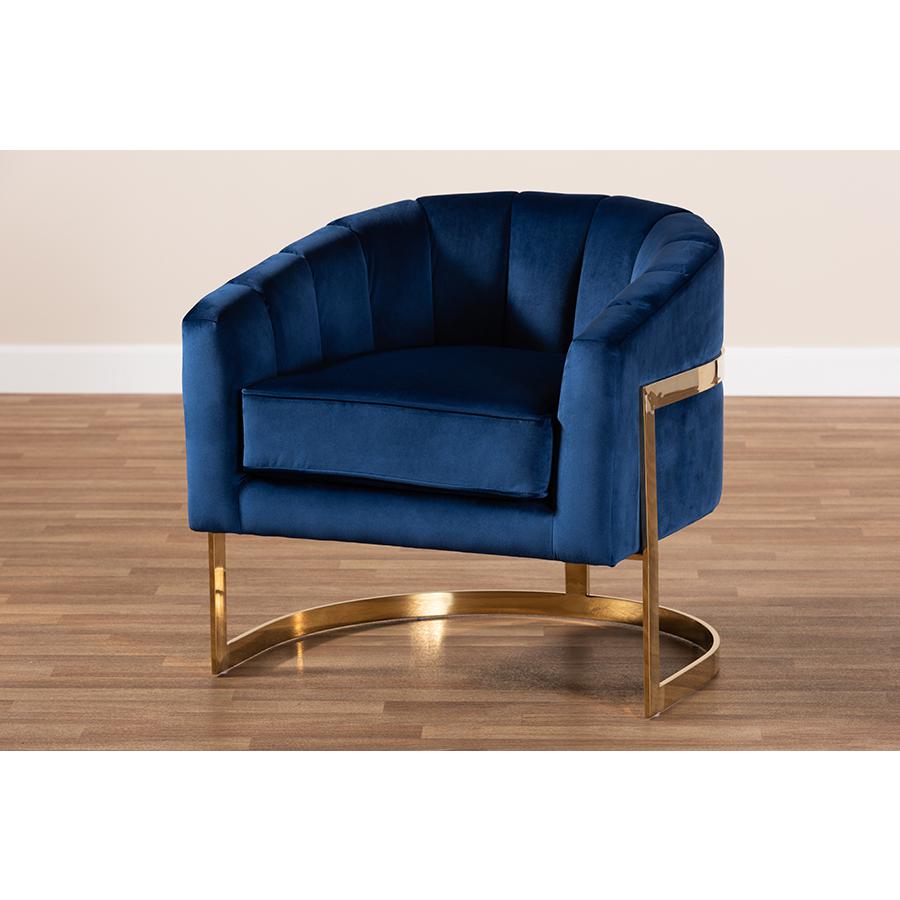Tomasso Glam Royal Blue Velvet Fabric Upholstered Gold-Finished Lounge Chair. Picture 8