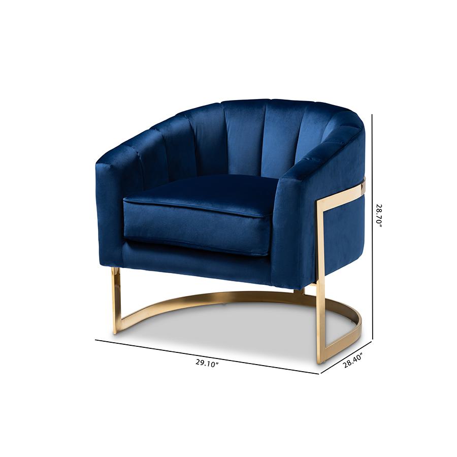 Tomasso Glam Royal Blue Velvet Fabric Upholstered Gold-Finished Lounge Chair. Picture 9