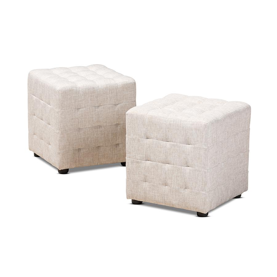 Beige Fabric Upholstered Tufted Cube Ottoman Set of 2. Picture 1