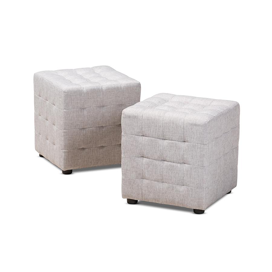 Greyish Beige Fabric Upholstered Tufted Cube Ottoman Set of 2. Picture 1