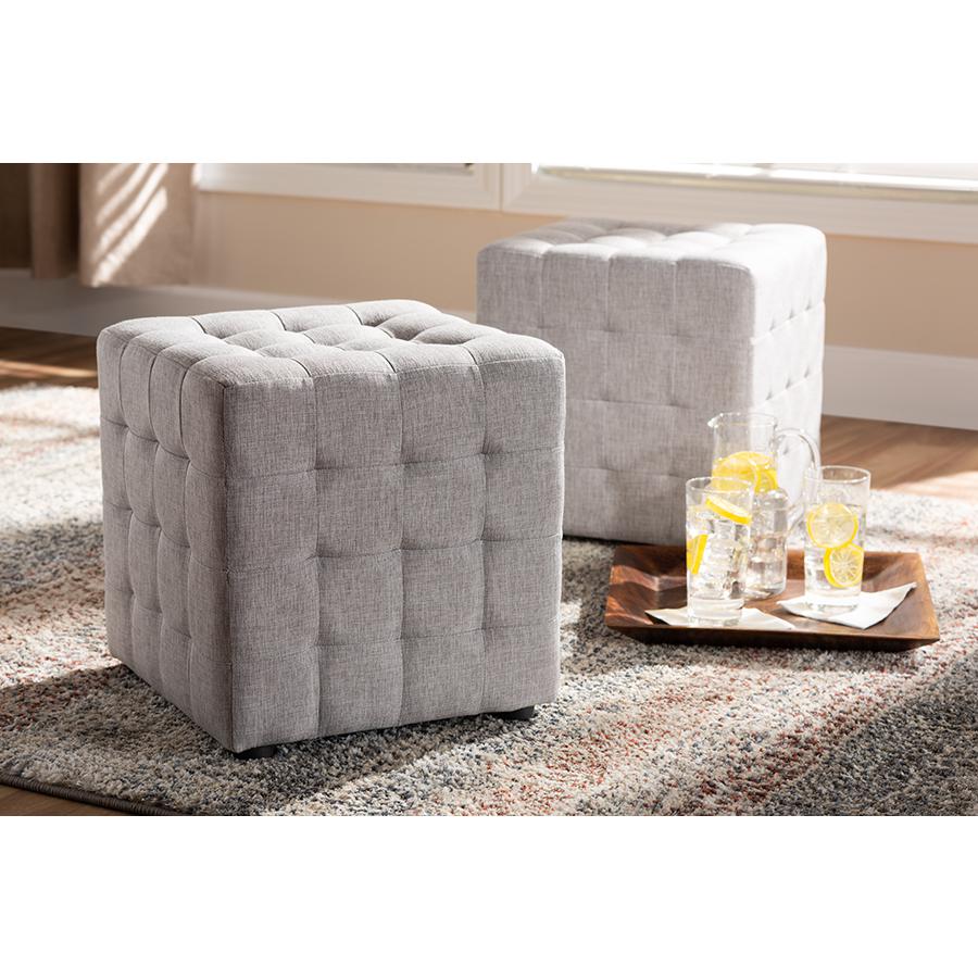 Greyish Beige Fabric Upholstered Tufted Cube Ottoman Set of 2. Picture 4