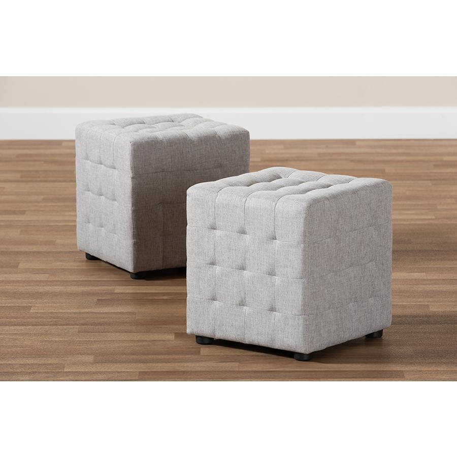 Greyish Beige Fabric Upholstered Tufted Cube Ottoman Set of 2. Picture 5