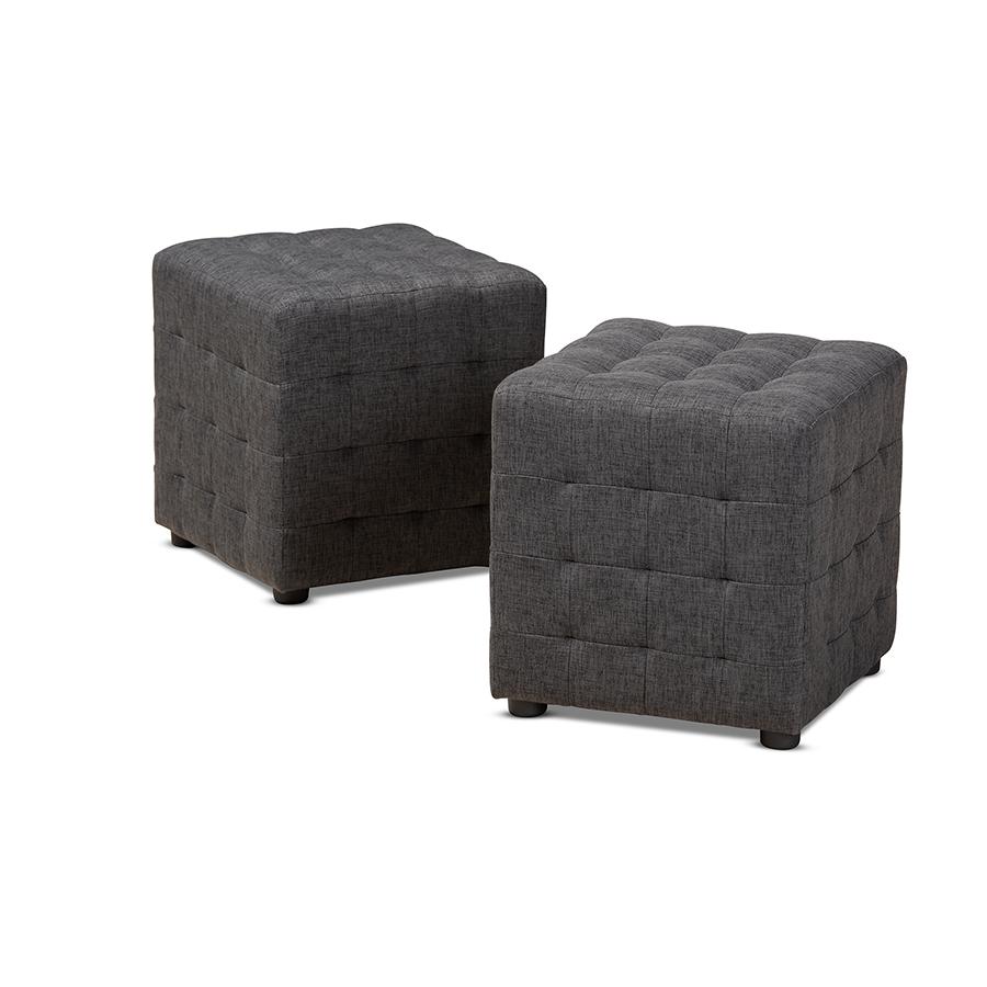 Dark Grey Fabric Upholstered Tufted Cube Ottoman Set of 2. Picture 1
