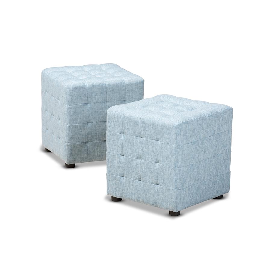 Light Blue Fabric Upholstered Tufted Cube Ottoman Set of 2. Picture 1