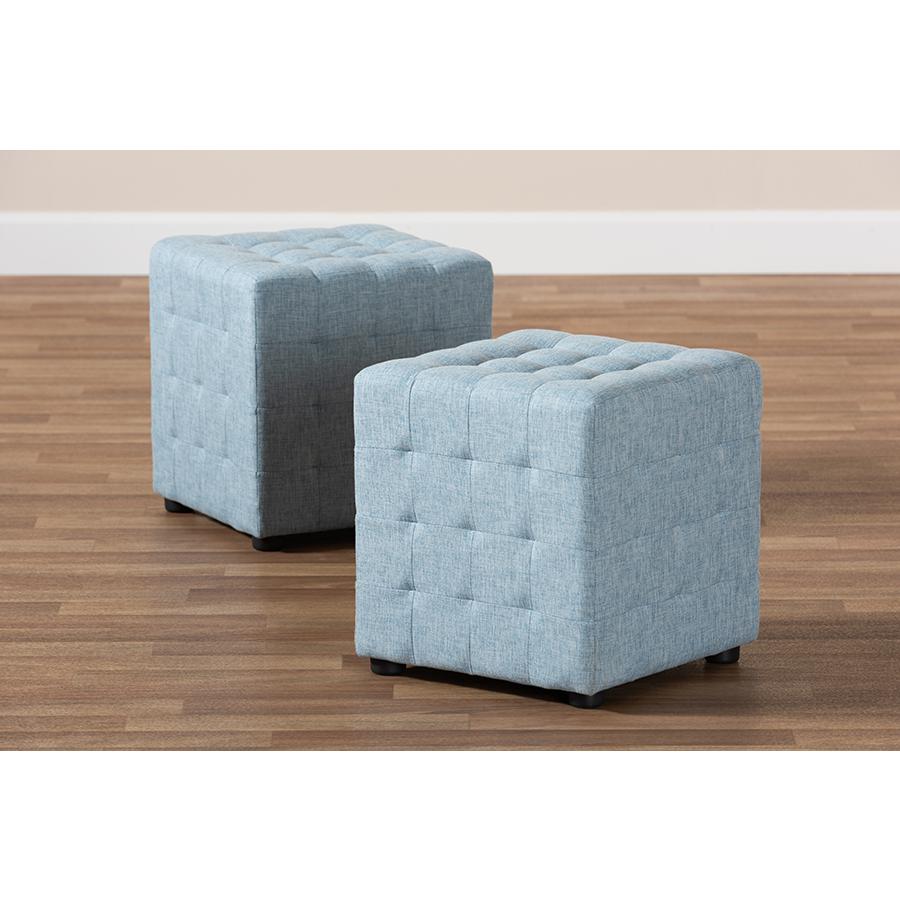 Baxton Studio Elladio Modern and Contemporary Light Blue Fabric Upholstered Tufted Cube Ottoman. Picture 5