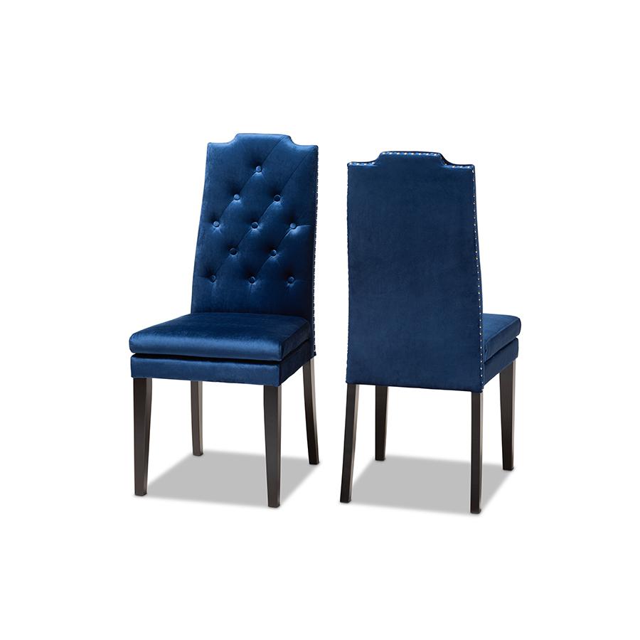 Baxton Studio Dylin Modern and Contemporary Navy Blue Velvet Fabric Upholstered Button Tufted Wood Dining Chair. Picture 1