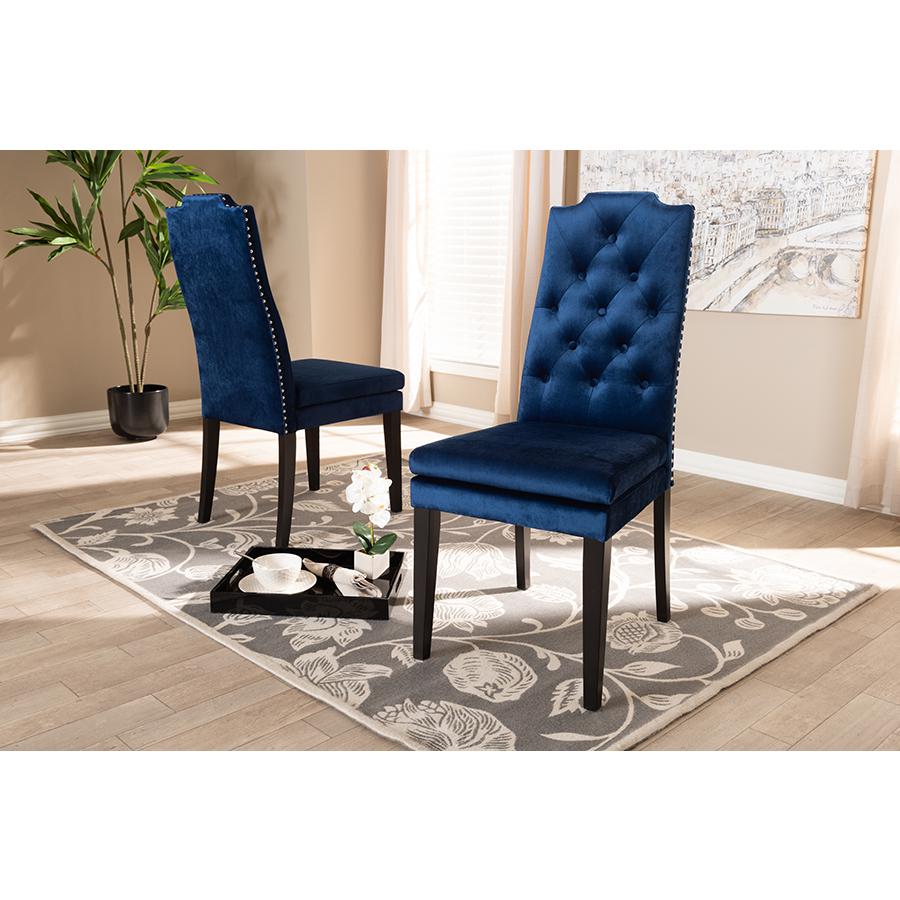Baxton Studio Dylin Modern and Contemporary Navy Blue Velvet Fabric Upholstered Button Tufted Wood Dining Chair. Picture 5
