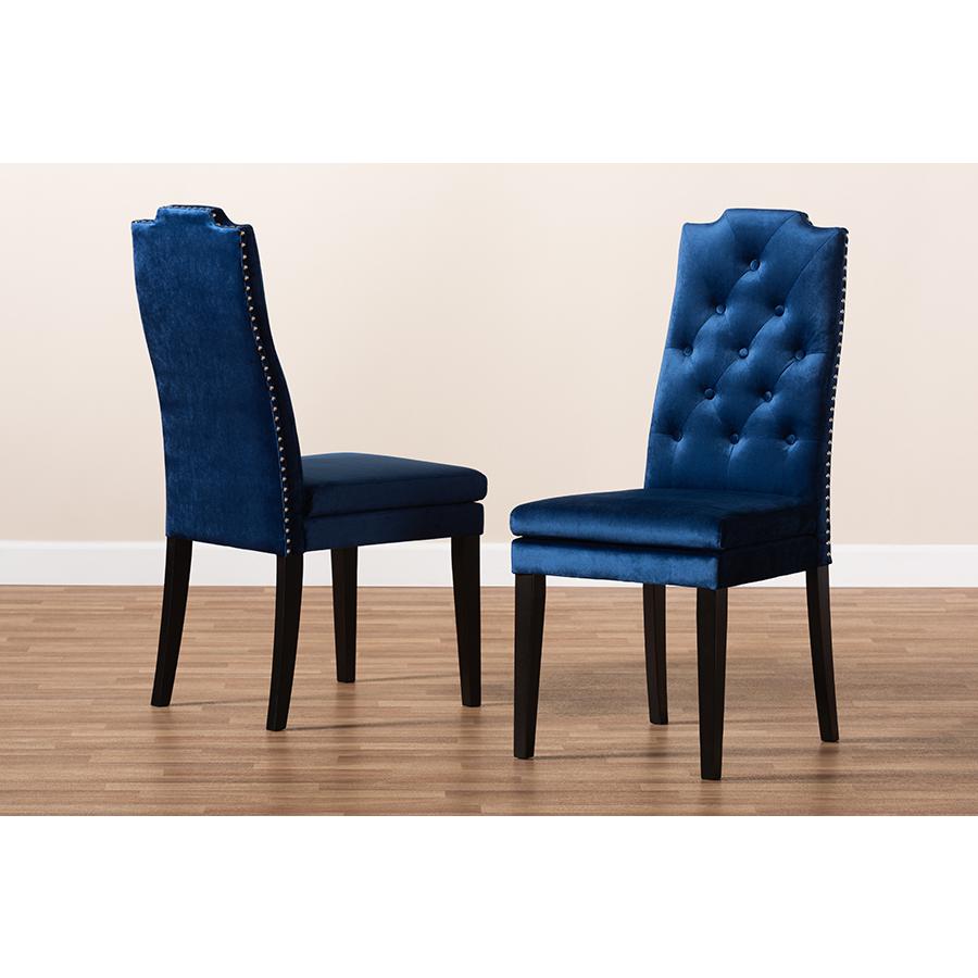 Baxton Studio Dylin Modern and Contemporary Navy Blue Velvet Fabric Upholstered Button Tufted Wood Dining Chair. Picture 6