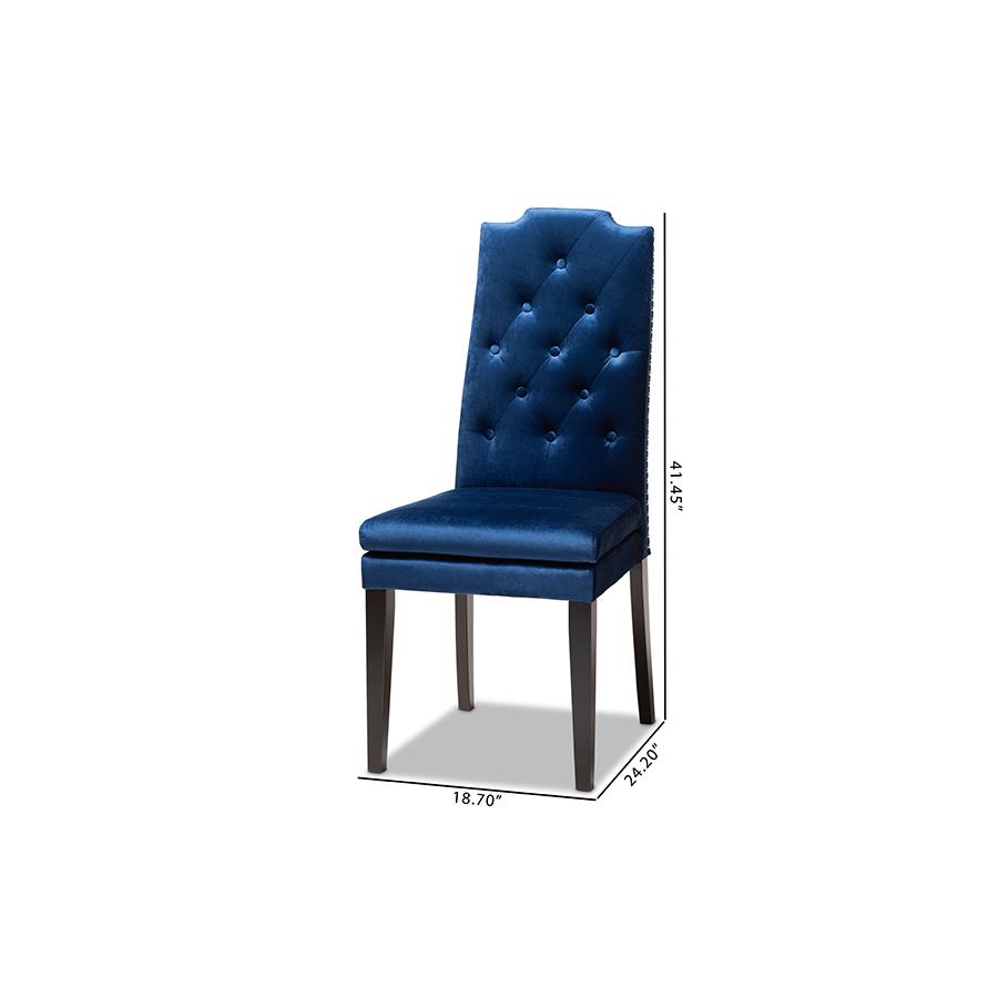 Baxton Studio Dylin Modern and Contemporary Navy Blue Velvet Fabric Upholstered Button Tufted Wood Dining Chair. Picture 7