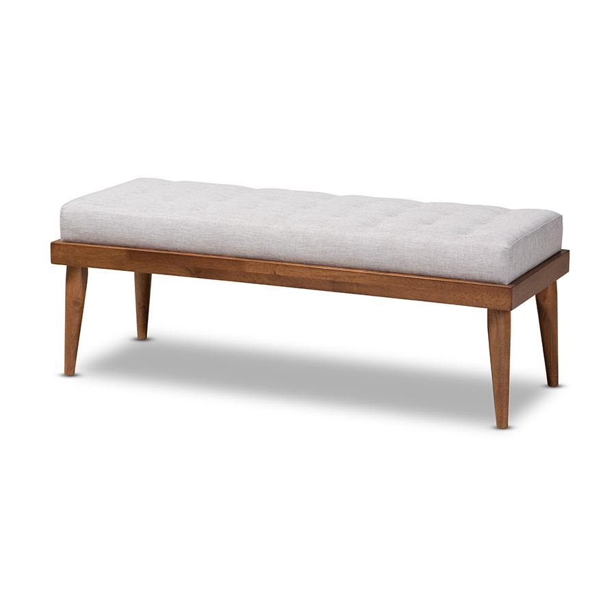 Baxton Studio Linus Mid-Century Modern Greyish Beige Fabric Upholstered and Button Tufted Wood Bench. Picture 1