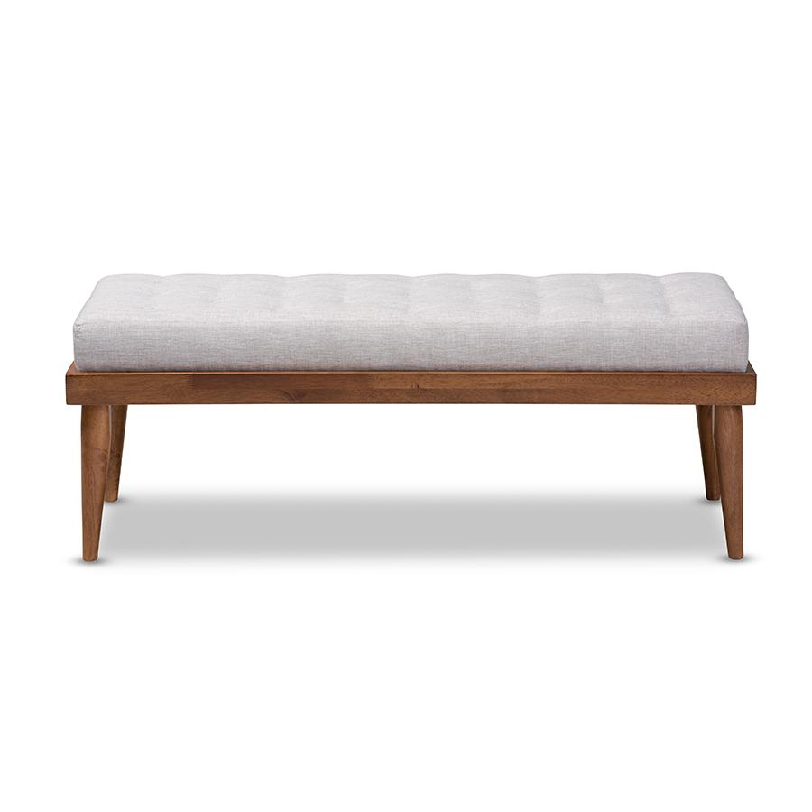 Baxton Studio Linus Mid-Century Modern Greyish Beige Fabric Upholstered and Button Tufted Wood Bench. Picture 2