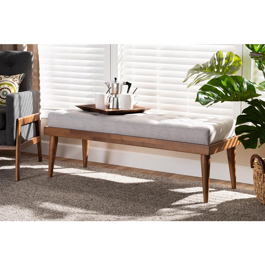 Baxton Studio Linus Mid-Century Modern Greyish Beige Fabric Upholstered and Button Tufted Wood Bench. Picture 6
