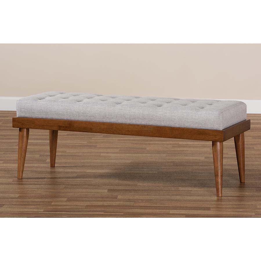 Baxton Studio Linus Mid-Century Modern Greyish Beige Fabric Upholstered and Button Tufted Wood Bench. Picture 7