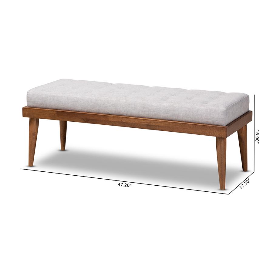 Baxton Studio Linus Mid-Century Modern Greyish Beige Fabric Upholstered and Button Tufted Wood Bench. Picture 8