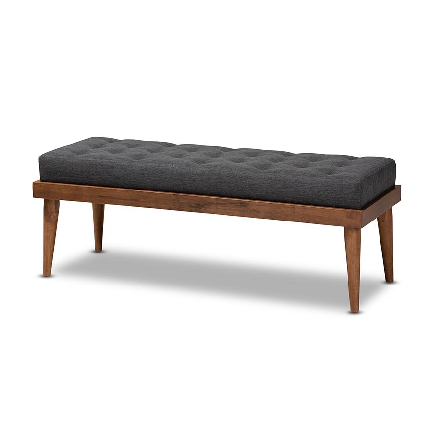 Dark Grey Fabric Upholstered and Button Tufted Wood Bench. Picture 1