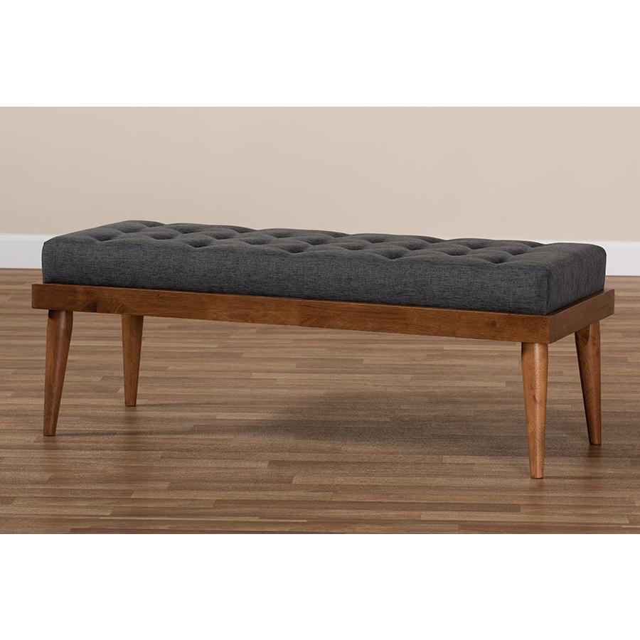Dark Grey Fabric Upholstered and Button Tufted Wood Bench. Picture 7