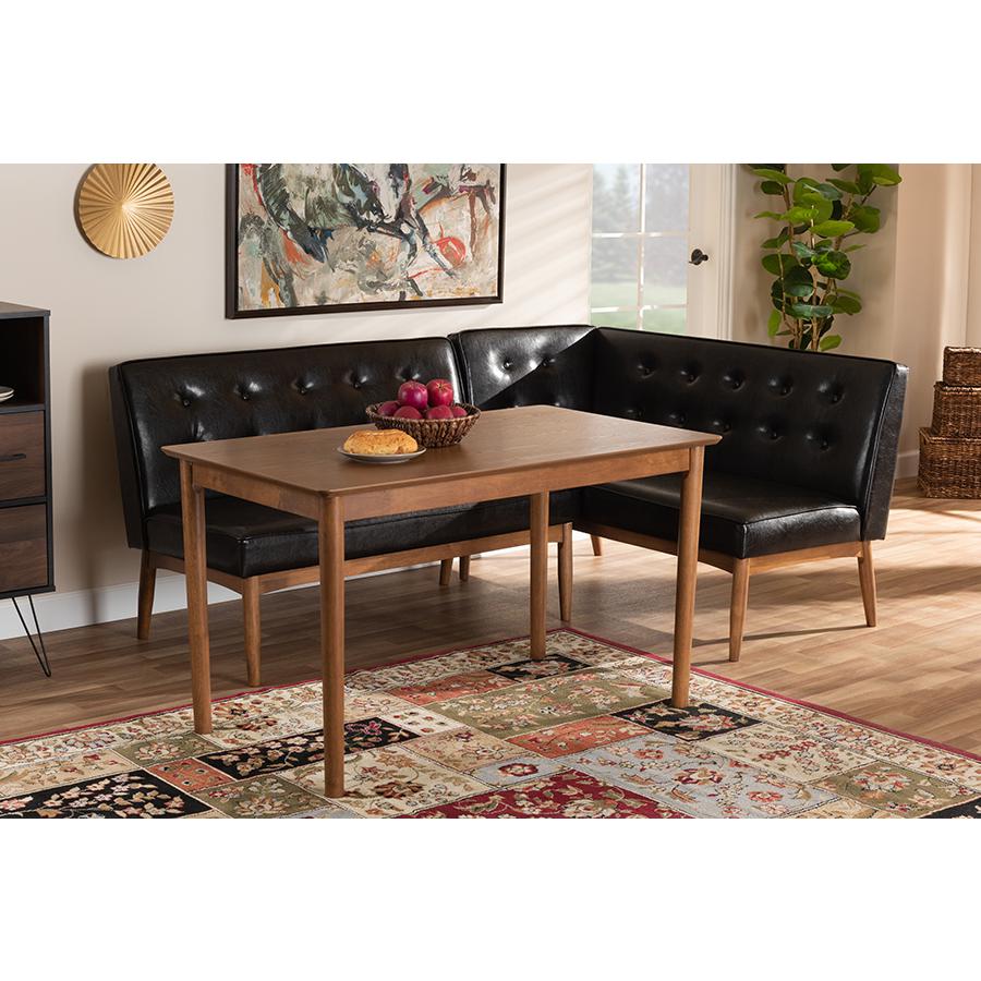 Baxton Studio Arvid MidCentury Modern Dark Brown Faux Leather Upholstered 3Piece Wood Dining Nook Set. Picture 4