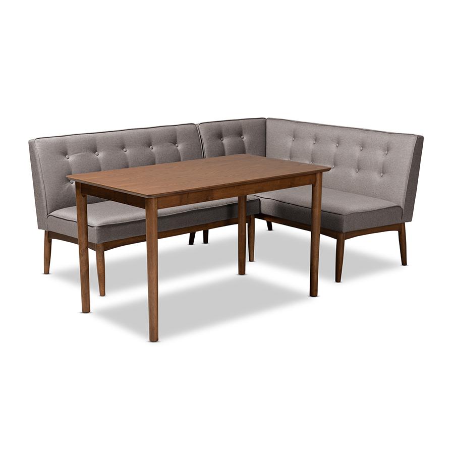 Arvid Mid-Century Modern Gray Fabric Upholstered 3-Piece Wood Dining Nook Set. Picture 1