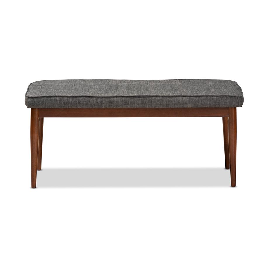 Dark Grey Fabric Upholstered Medium Oak Finished Wood Dining Bench. Picture 2