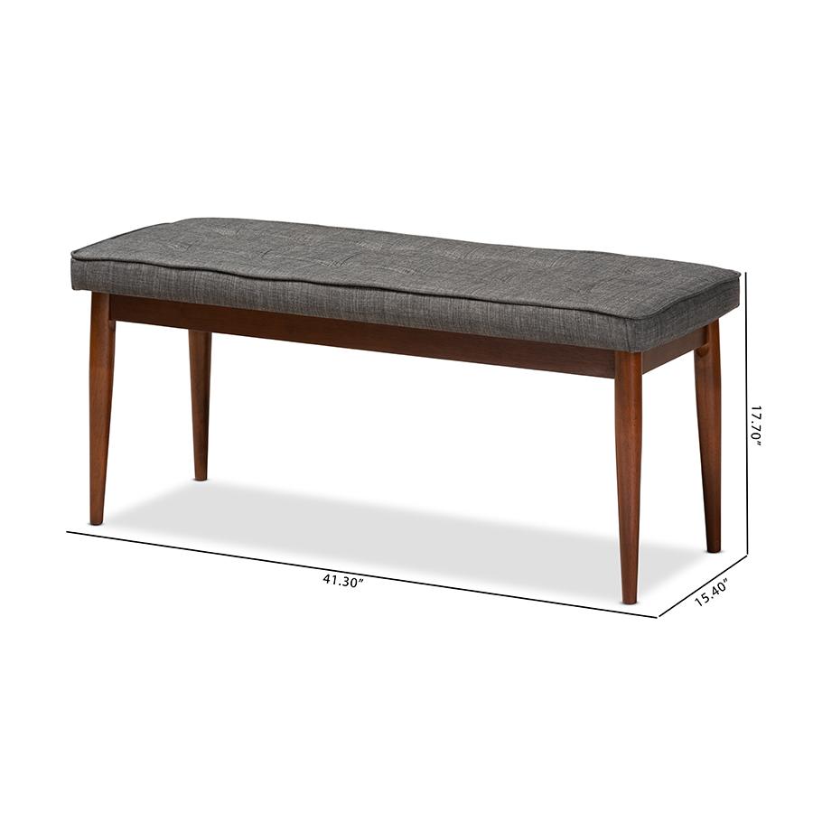 Dark Grey Fabric Upholstered Medium Oak Finished Wood Dining Bench. Picture 8