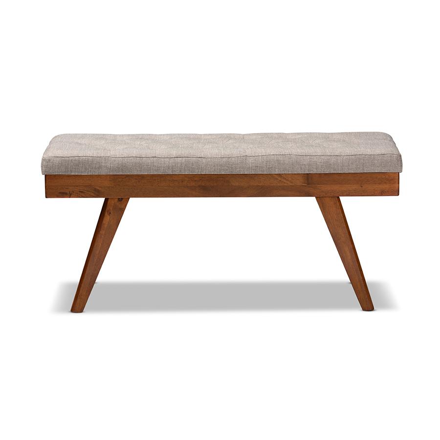 Alona Mid-Century Modern Light Grey Fabric Upholstered Wood Dining Bench. Picture 2