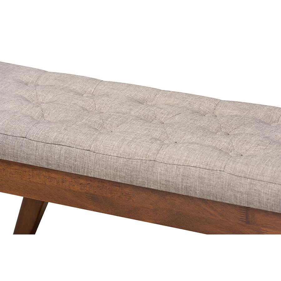Alona Mid-Century Modern Light Grey Fabric Upholstered Wood Dining Bench. Picture 4