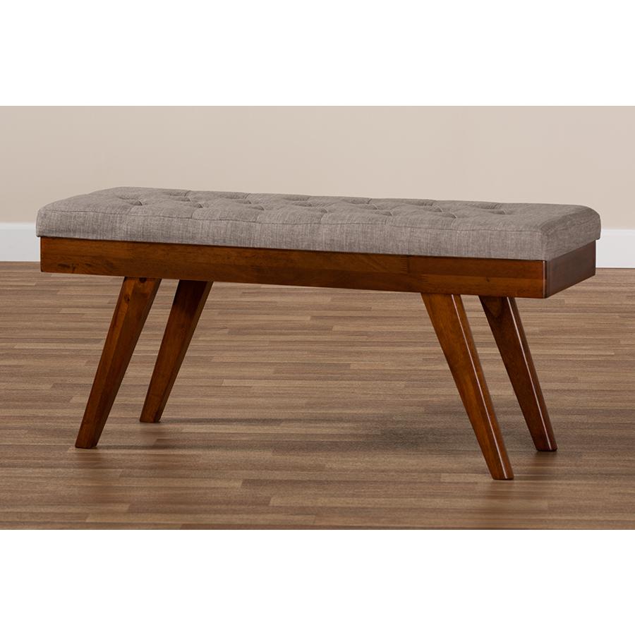 Alona Mid-Century Modern Light Grey Fabric Upholstered Wood Dining Bench. Picture 7