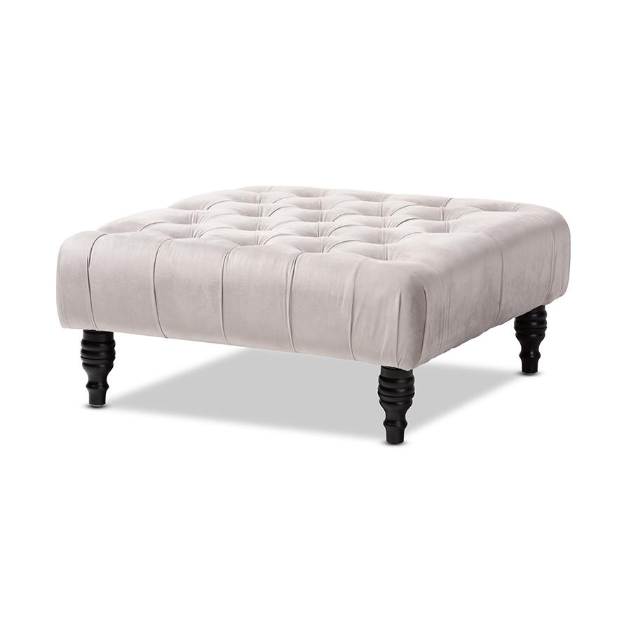 Transitional Grey Velvet Fabric Upholstered Button Tufted Cocktail Ottoman. Picture 1